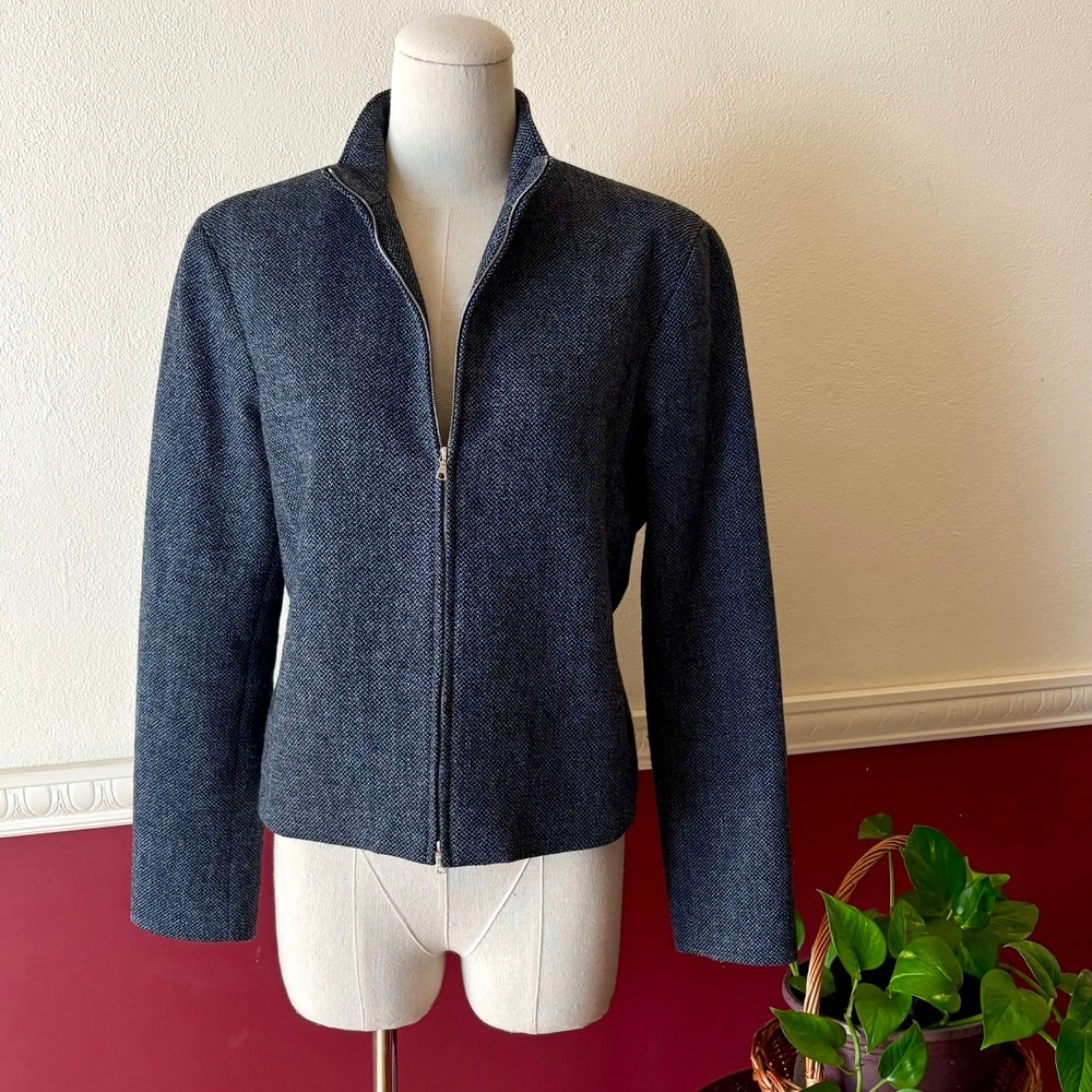 Vintage New Frontier Wool Blend Zip Up Jacket Slate Tweed Mock Neck 8 Minimalist